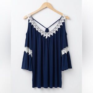 Always Indigo Navy Cold Shoulder Blouse with White Lace Appliqué Bell Sleeves